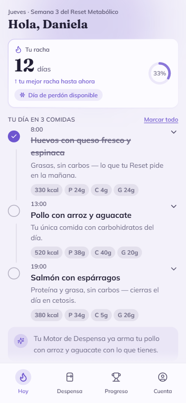 Pantalla principal de NutriStreak: tu racha y el plato de hoy con macros